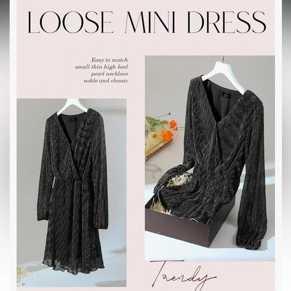 NWT Black Glitter Plissé Mini Dress V-Neck Long Sleeve Metallic Sparkle large - Picture 6 of 13